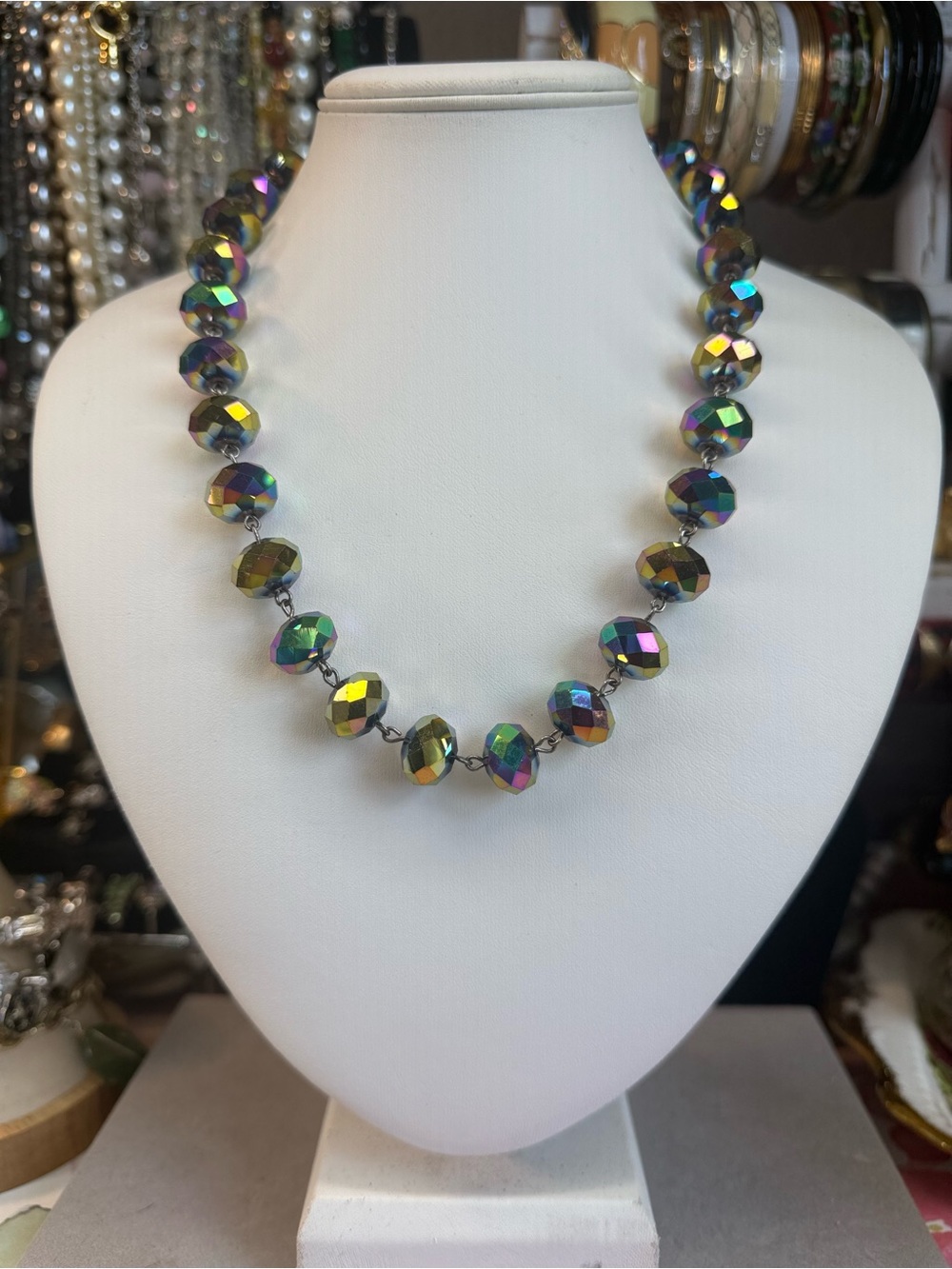 Stunning! Large Iridescent Faceted Glass Bead Necklace - Oils Slick 18”